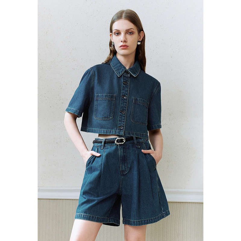 UR女装港风复古风贴袋短袖牛仔衬衫UWU840096