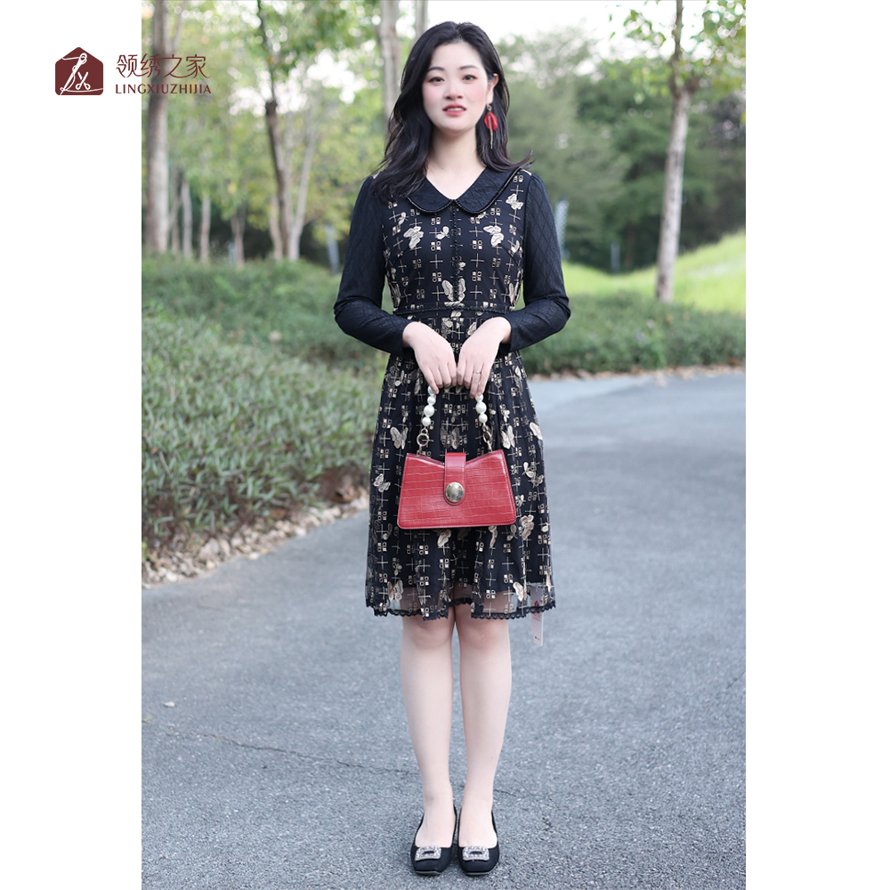 蕾丝绣花连衣裙碎花妈妈装#L800747H-71时尚长款洋气显瘦气质