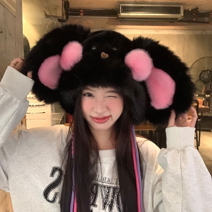 萌腮红垂耳兔毛茸帽子网红爆款通用冬季立体显脸小护耳加厚大yw