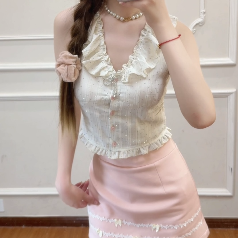 plmm 甜心辣妹 无袖背心水钻花边LO感觉吊带套装