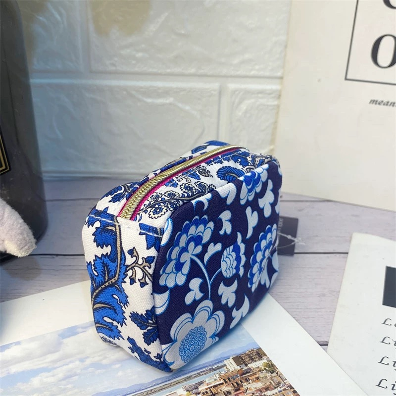 2个装10*7*3.5cm蓝色印花布面小号零钱包迷你小巧布面收纳包