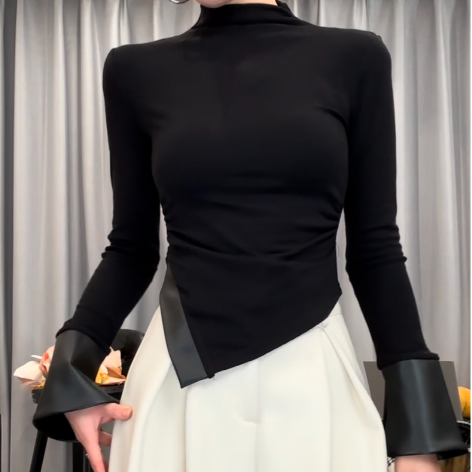 S2126设计感半高领女拼皮长袖酷飒风冬季内搭气质洋气打底衫上衣