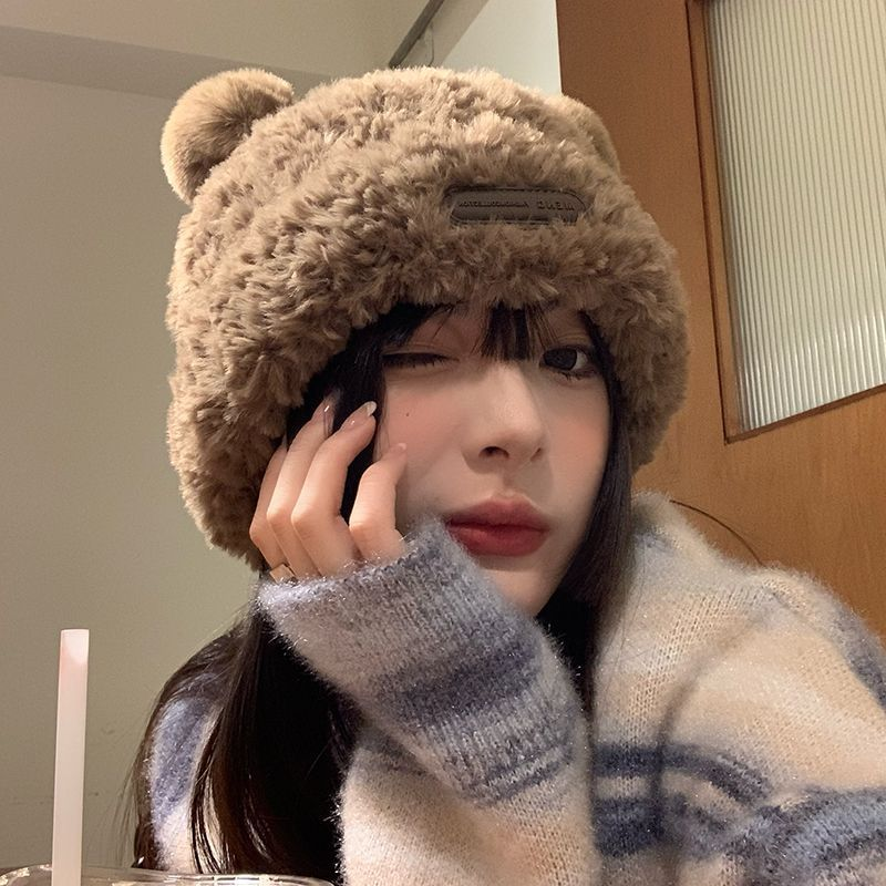 韩系可爱小熊毛绒针织帽子女秋冬季加厚保暖包头帽仿皮草套头盆帽