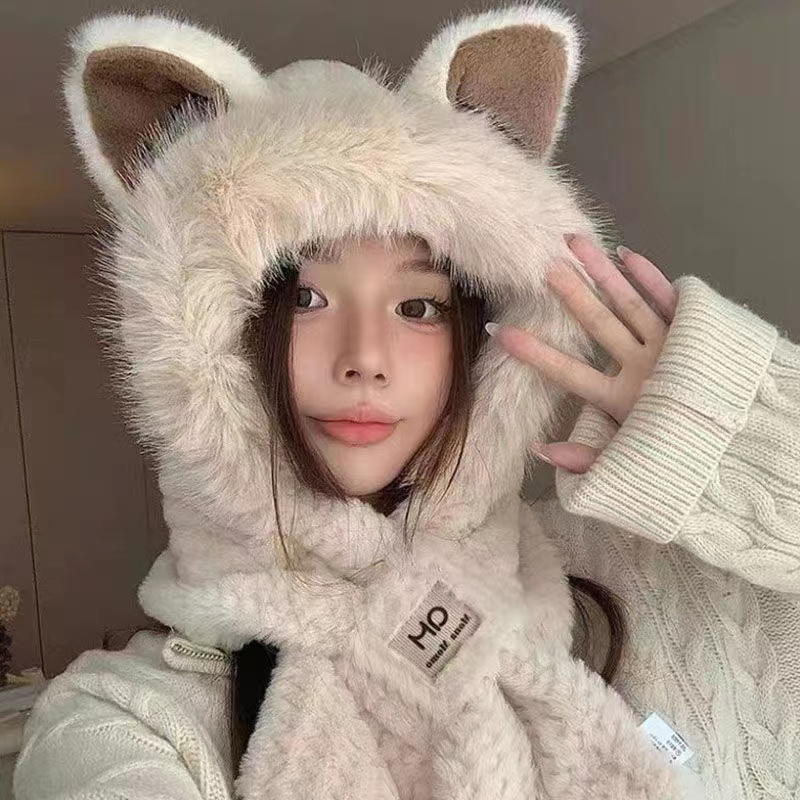 网红款冬天毛茸茸护耳加厚围巾一体雷锋帽子女保暖两件套猫咪耳朵