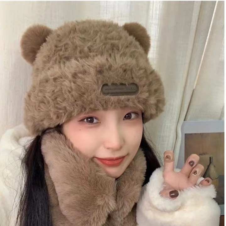 显小可爱小熊帽子女冬季加厚毛绒保暖毛毛包头帽秋冬大头围针织帽