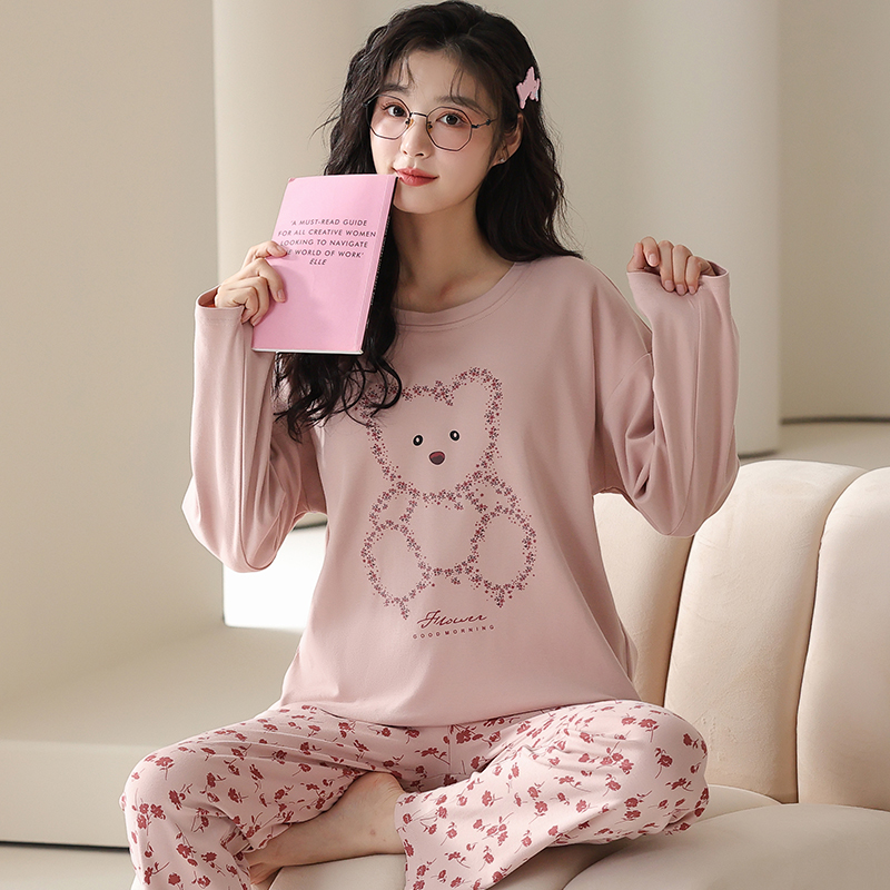 卡之恋长袖睡衣女春秋季纯棉少女减龄藕粉碎花小熊家居服