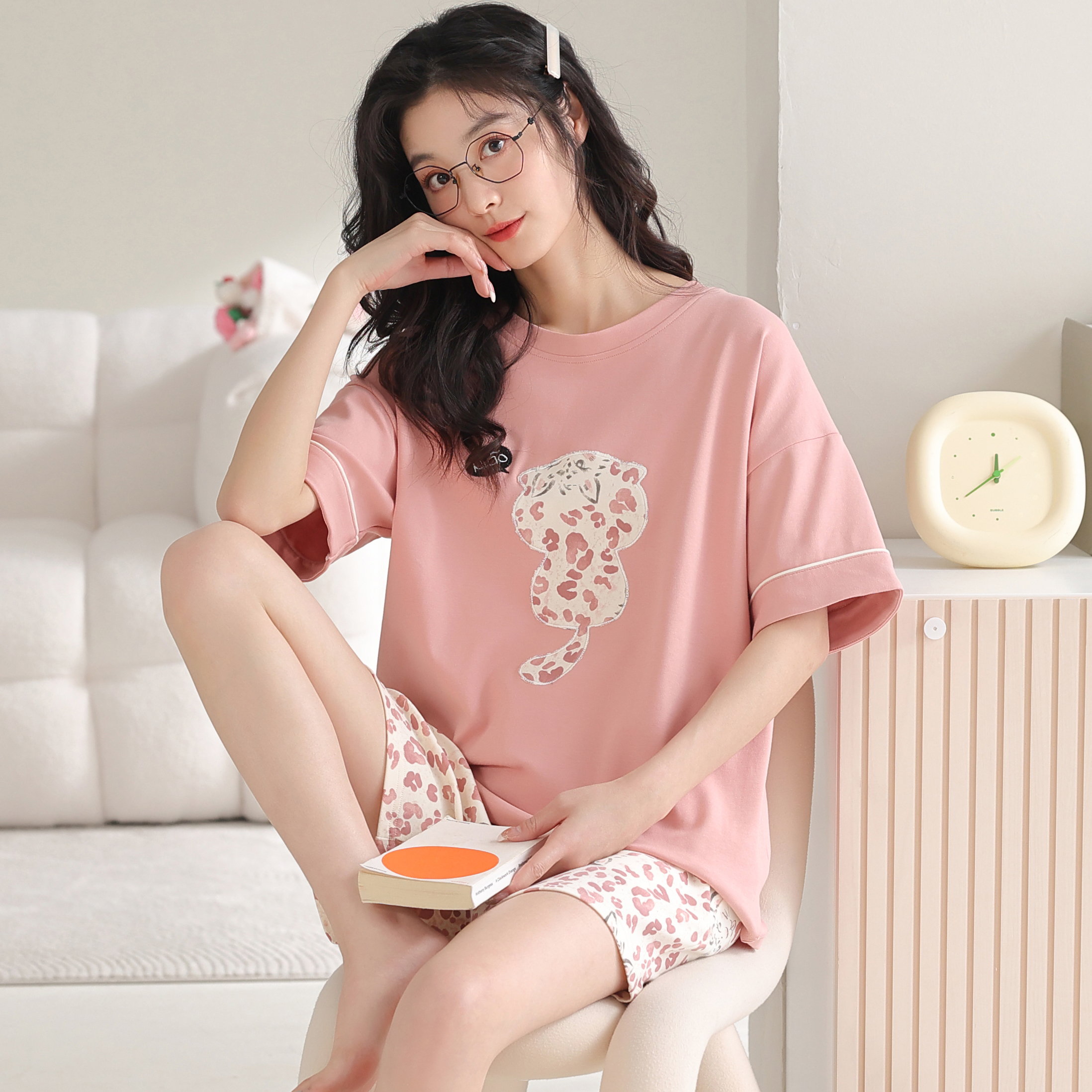 卡之恋睡衣女夏天薄款短袖短裤纯棉奶乎乎虾粉刺绣猫咪家居服套装