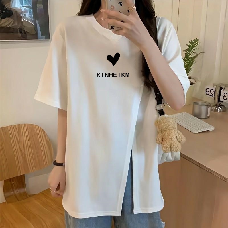 遮屁股纯棉t恤女短袖开叉夏季新款大码减龄中长款宽松欧洲站上衣