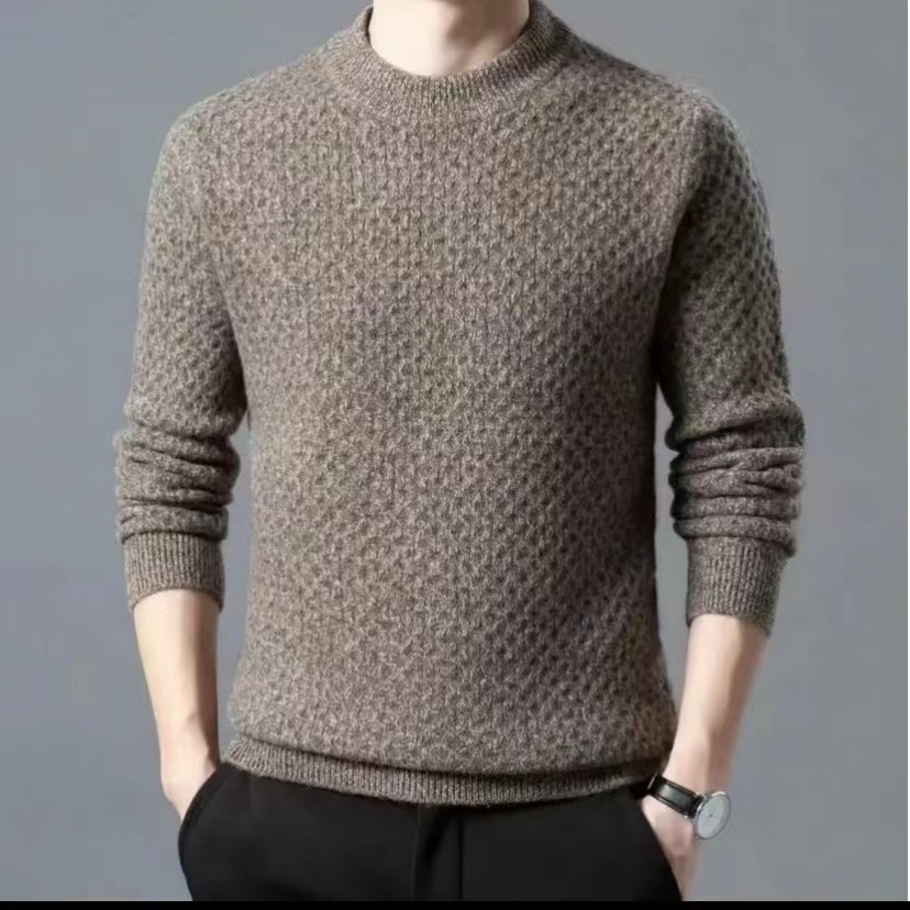 100%羊毛加厚款半高领蜂窝纹冬季保暖针织男士纯羊毛衫