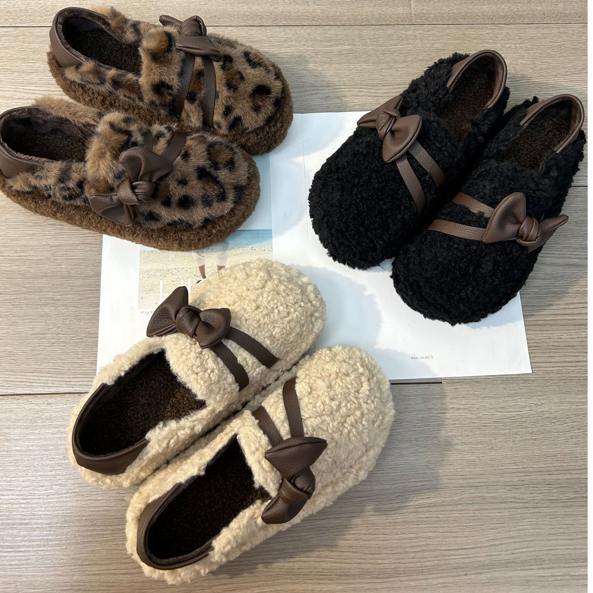 【苏家】蝴蝶结豹纹毛毛女外穿2025年秋冬新款级感厚底毛绒棉女鞋