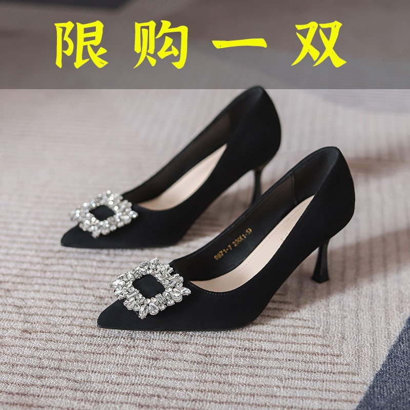 百丽纯爱真皮上档次不累脚高跟鞋2023爆款洋气黑色职业工作鞋新