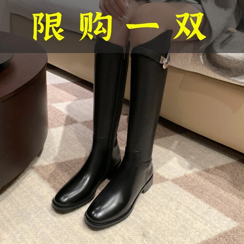 百丽纯爱2023新款不过膝长靴英伦金属扣骑士粗跟长筒靴