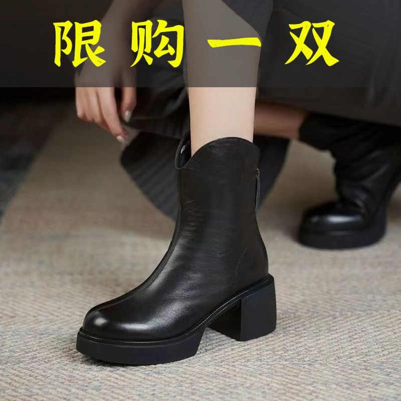 百丽纯爱马丁靴女2023秋冬新款高跟厚底短靴女加绒舒适保暖皮靴