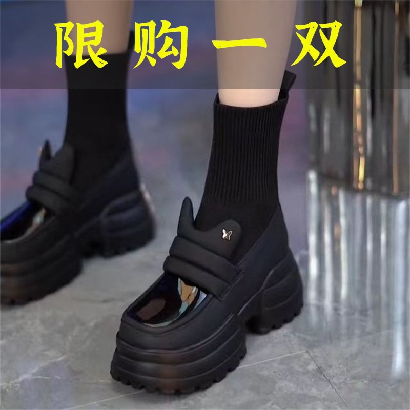 百丽纯爱爆款厚底瘦瘦靴女2023秋季新款方头松糕短靴针织弹力袜