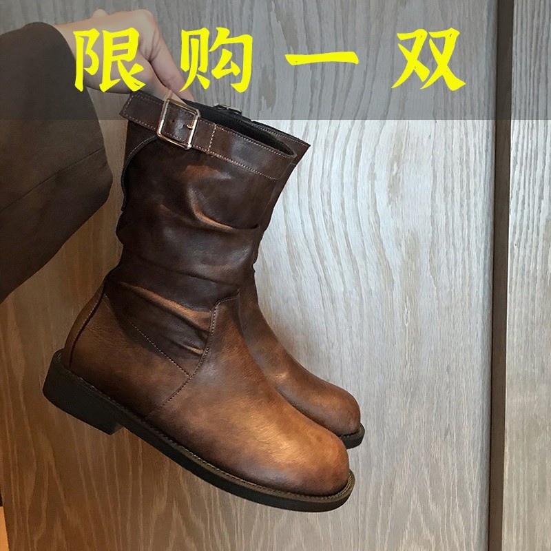 百丽纯爱超火！韩系小短靴女2023新款秋冬单靴复古棕色圆头褶皱