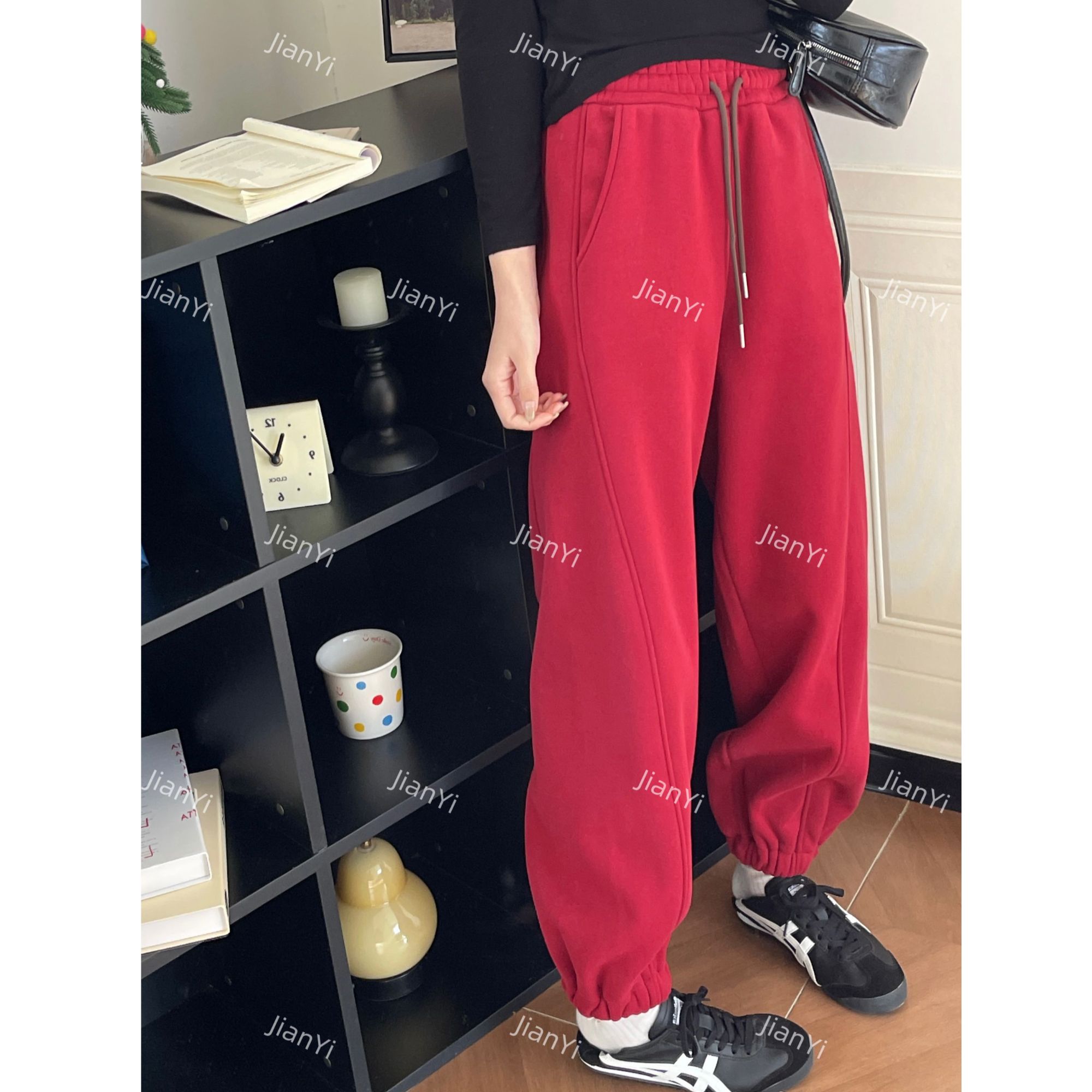 冬季新款加绒加厚裤腿拼接显瘦抽绳松紧腰百搭休闲束脚卫裤-6672