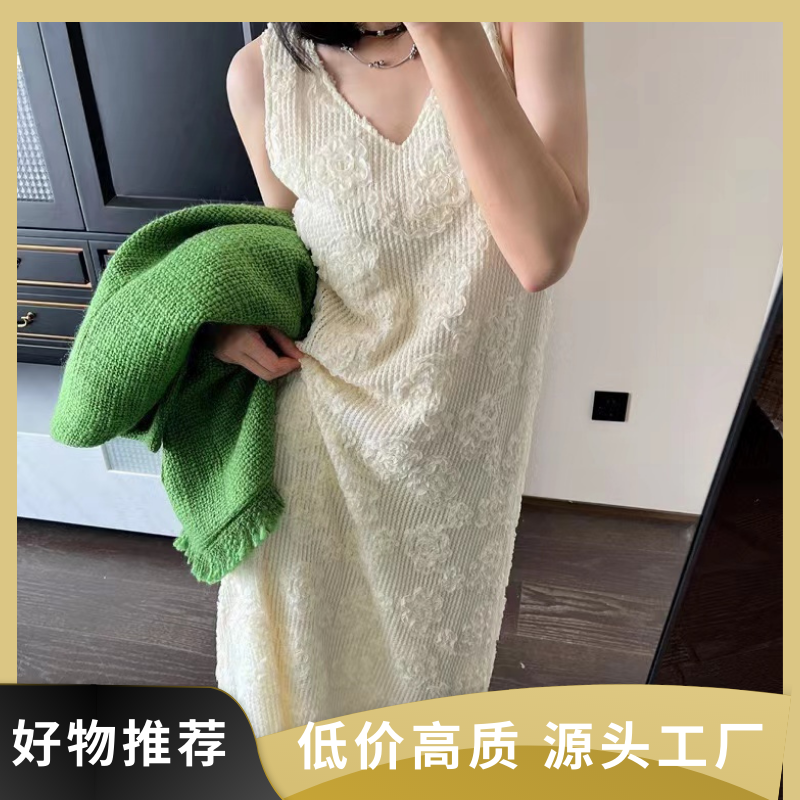 韩系东大门夏季新款简约v领立体绣花白玫瑰无袖长裙十三行连衣裙