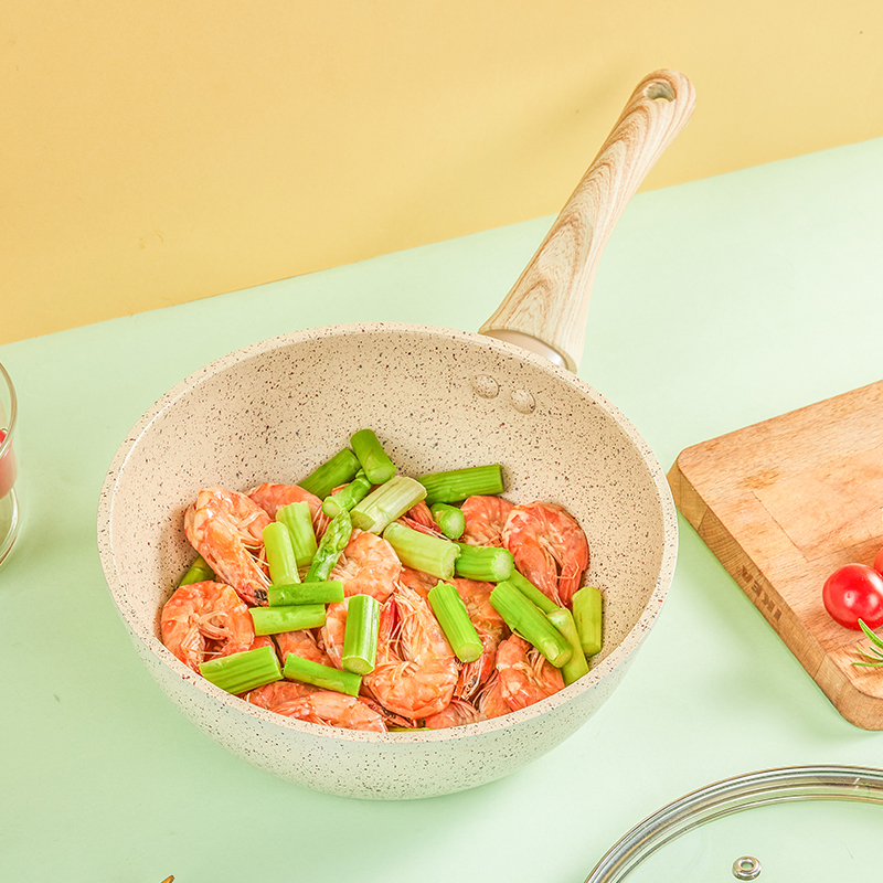 【出口外贸】带盖麦饭石不粘锅日式30cm炒锅电磁炉煤气灶通用