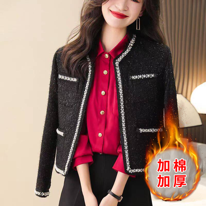 高端名媛小香风钉珠加厚外套女短款小个子2024新款气质高百搭上衣