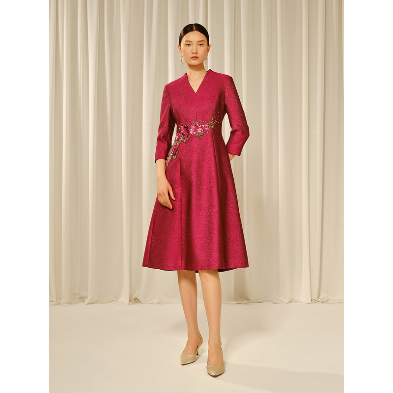 Song of Song歌中歌新品酒红色手工刺绣优雅连衣裙5C33305460