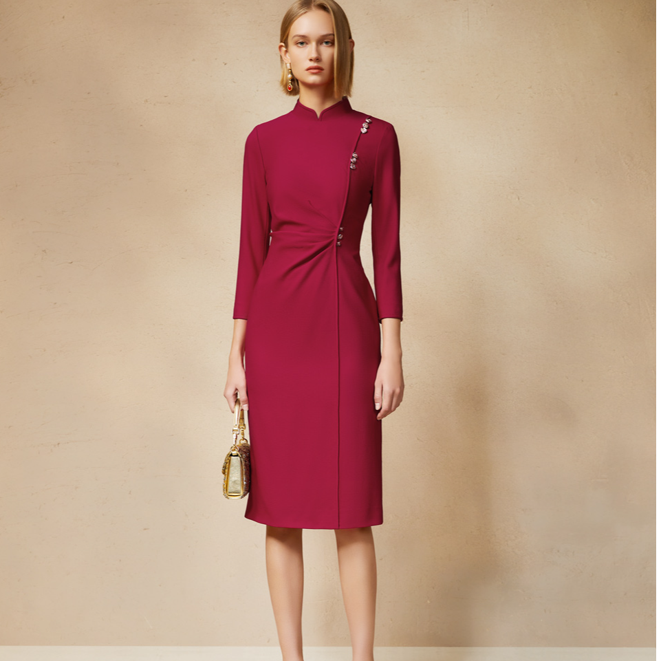 Song of Song歌中歌玫红玫瑰花钻扣装饰旗袍连衣裙5C64515016