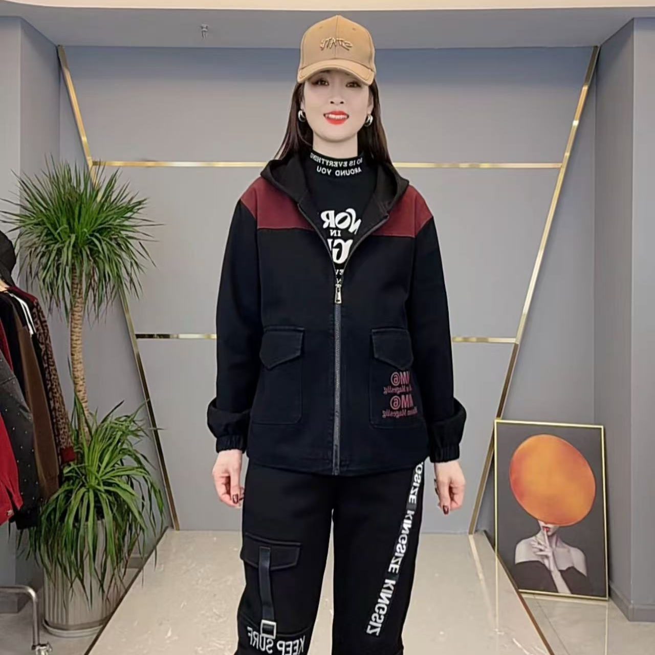 shishu/拾束冬季新款时尚女装连帽拼色口袋女士牛仔外套 AN6608