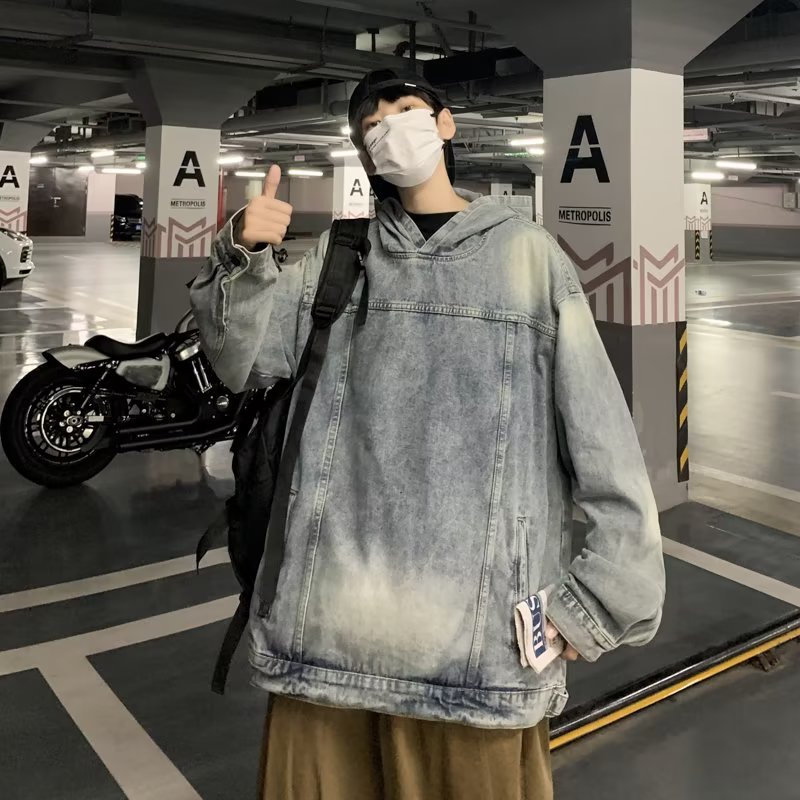 高街港风韩版百搭加厚爆款宽松连帽牛仔卫衣破洞男士春秋2023嘻哈