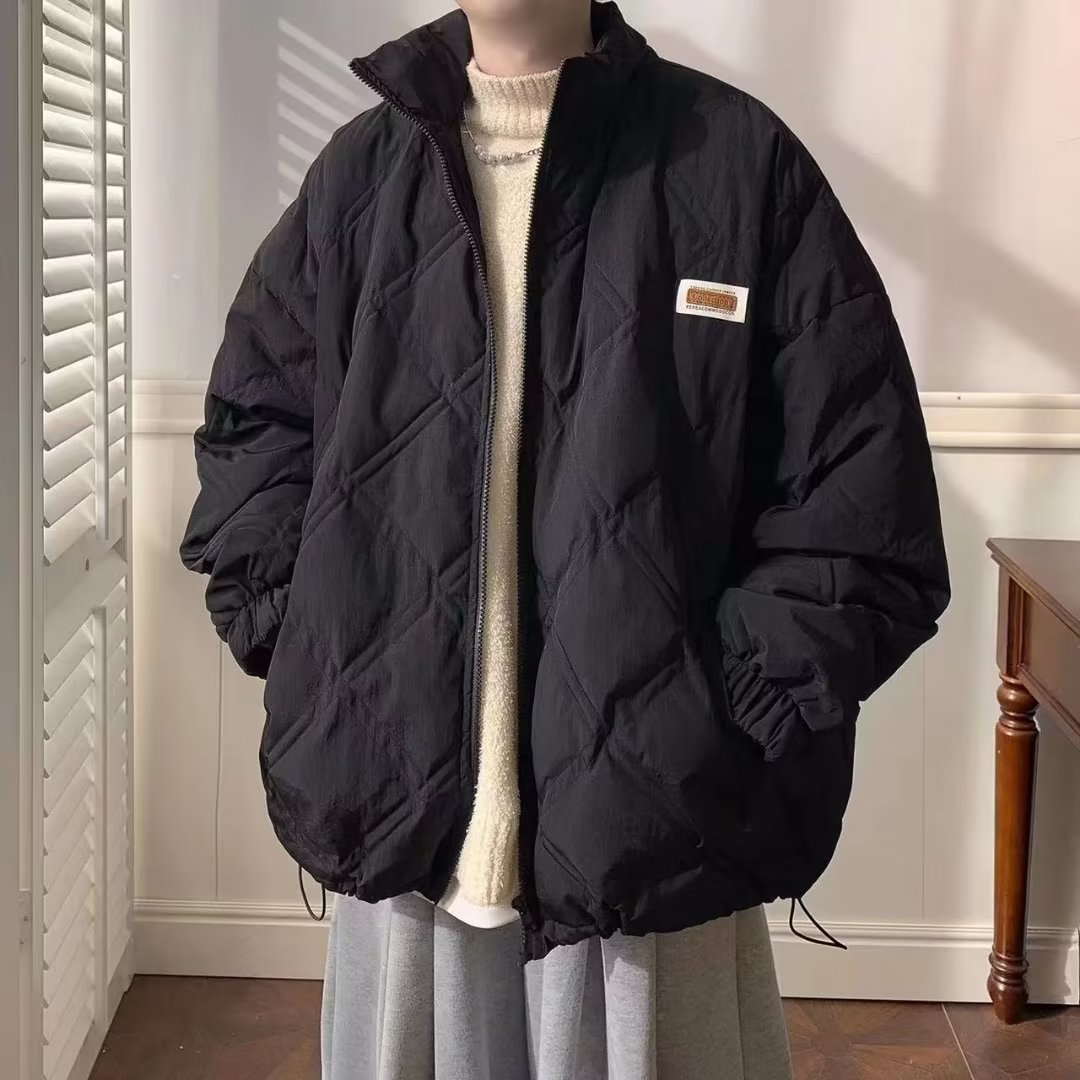 菱形格黑色棉服男款冬季oversize国潮日系棉衣冬装加厚高级感外套