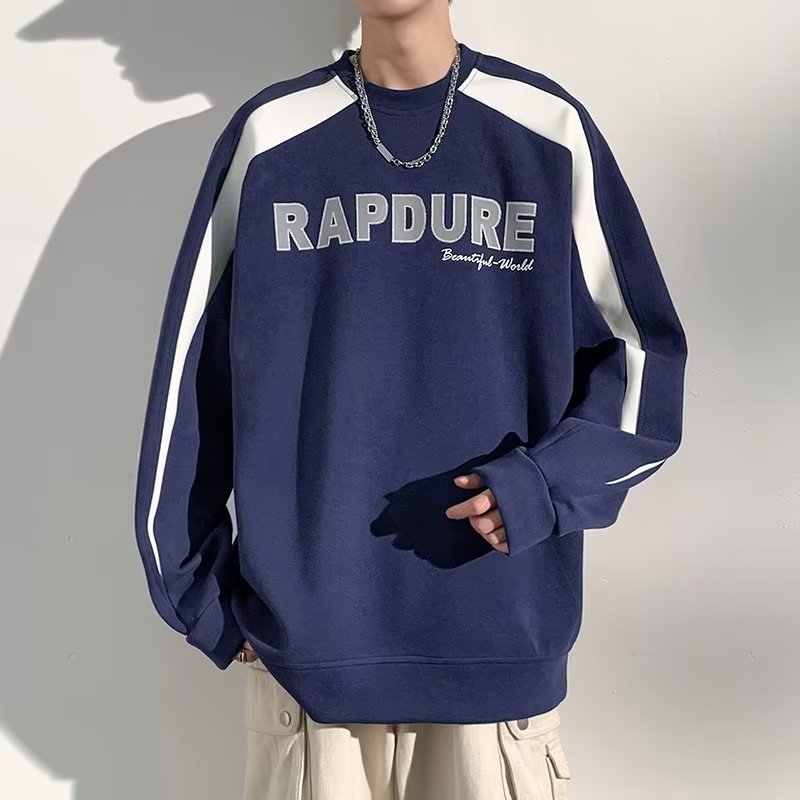 加厚上衣青少年爆款秋装潮牌撞色港风百搭加绒春秋宽松连帽卫衣