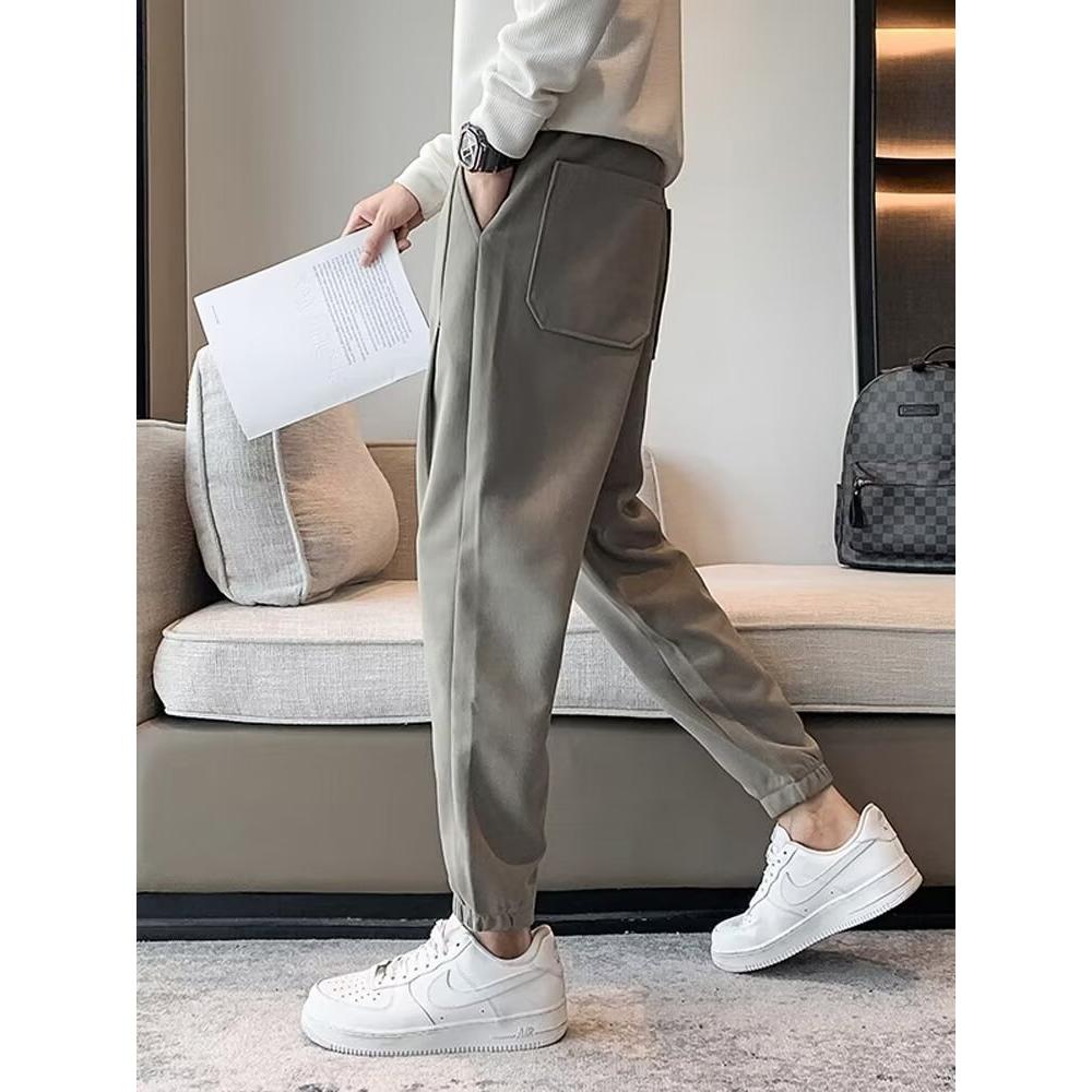 薄款加绒裤子加厚直筒裤阔腿裤卡其色感男士休闲卫裤春秋季束脚