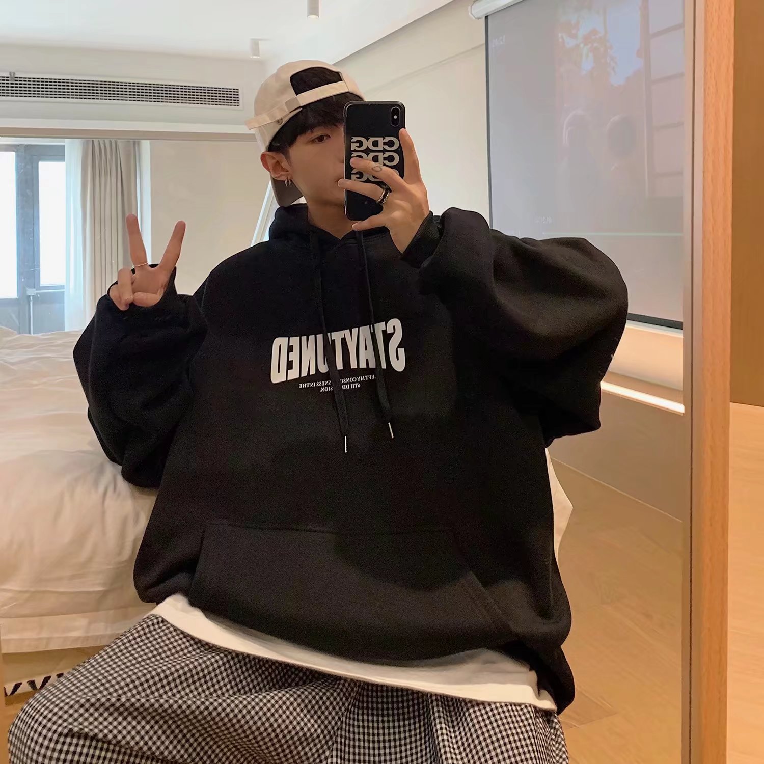 韩版加厚宽松男士秋装上衣春秋百搭加绒港风学生纯棉重磅卫衣绒