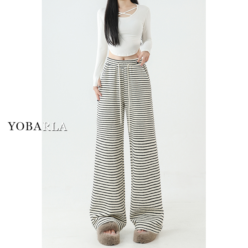 慵懒条纹阔腿休闲裤女秋冬新款大码胖mm宽松显瘦高腰垂感直筒裤子