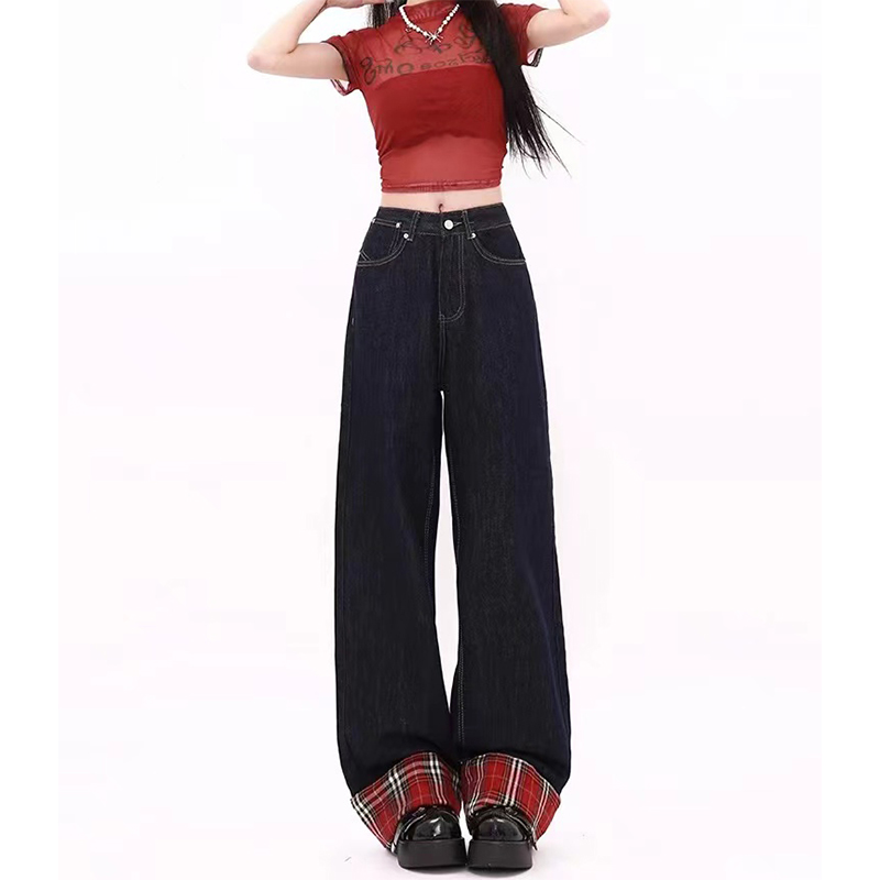 深蓝色格子拼接直筒牛仔裤女秋季胖mm大码宽松显瘦梨形身材阔腿裤