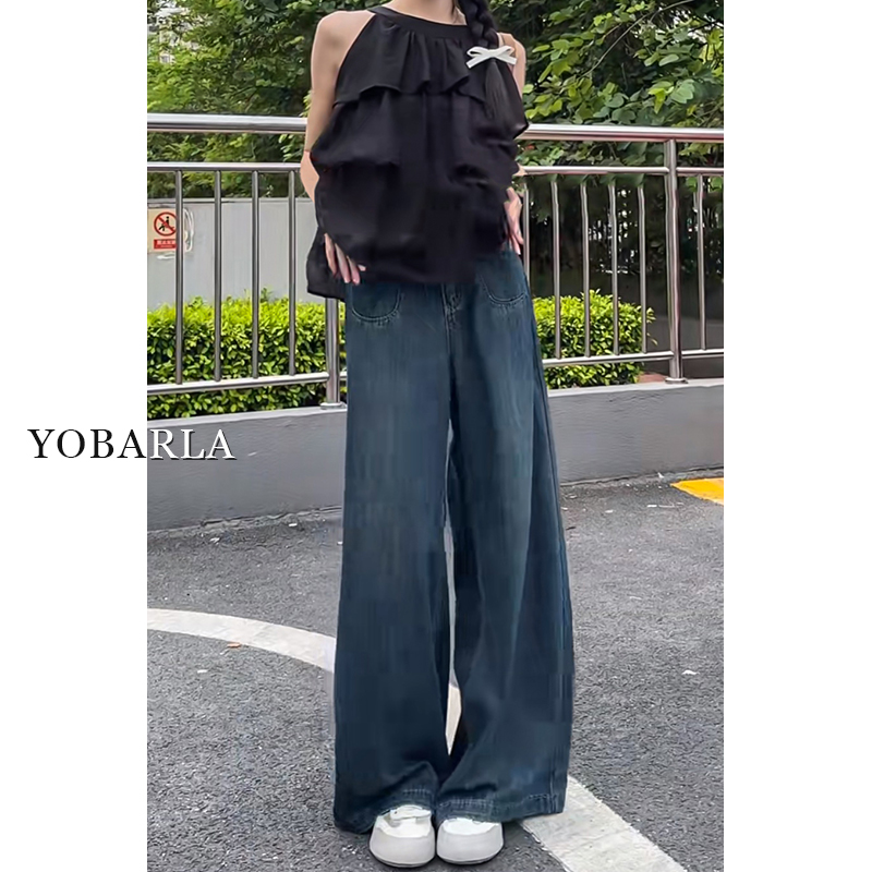 复古蓝阔腿牛仔裤女秋冬加绒大码胖mm宽松显瘦梨形身材高腰直筒裤