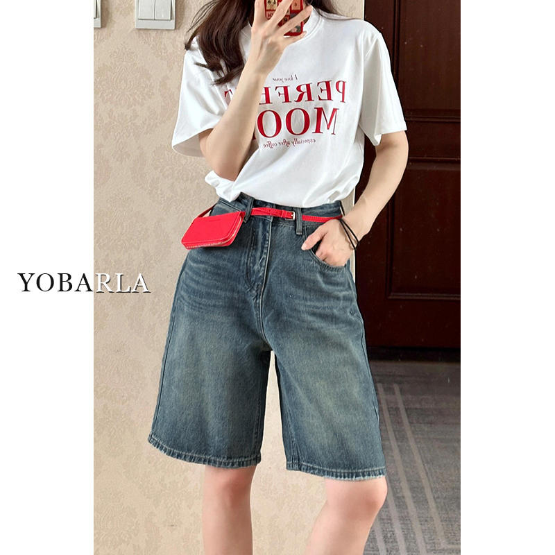 直筒牛仔短裤女高腰新款秋冬薄款大码显瘦阔腿梨形身材五分中裤子