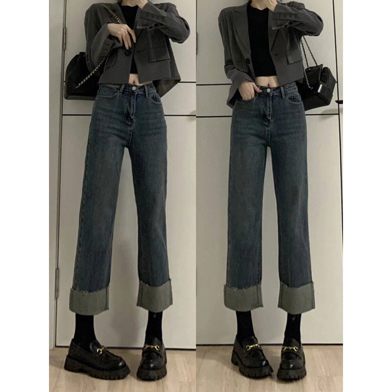 蓝灰色外穿直筒牛仔裤女高腰冬季加绒显瘦小个子弹力九分卷边裤子