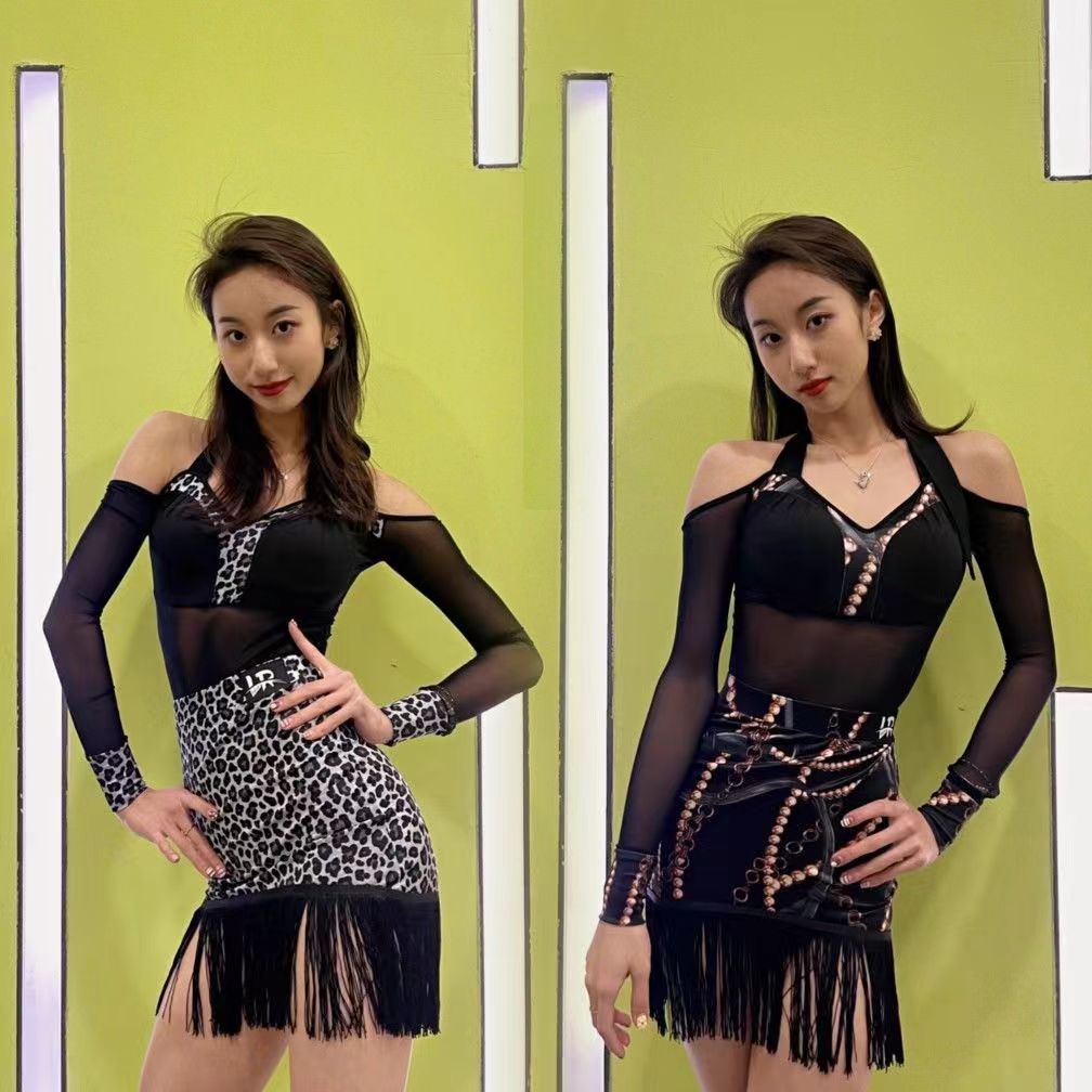 分体套装挂脖上衣黑色垫底裤+流苏半身裙LR043舞服夏季舞蹈服直播