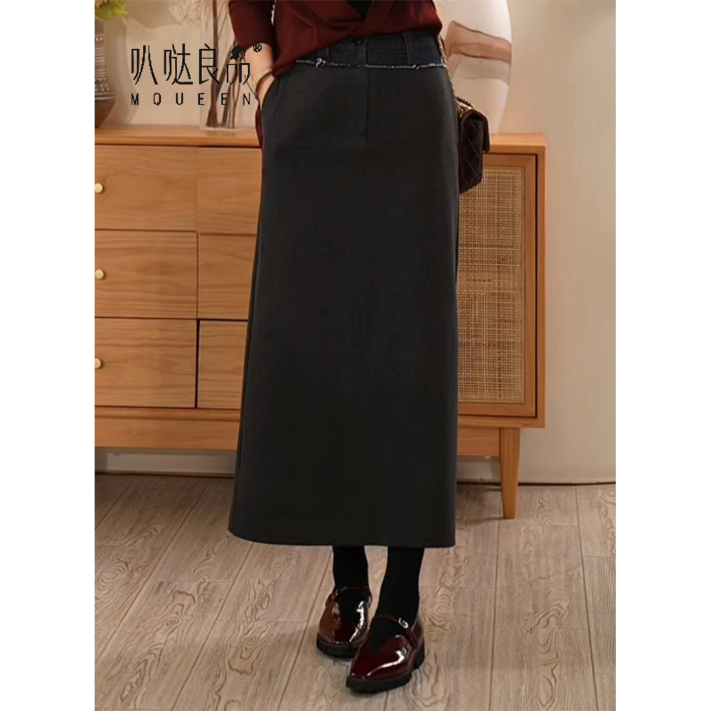 【叭哒不惑】 塑写 时尚撞色腰设计气质百搭显瘦秋季直筒半身裙
