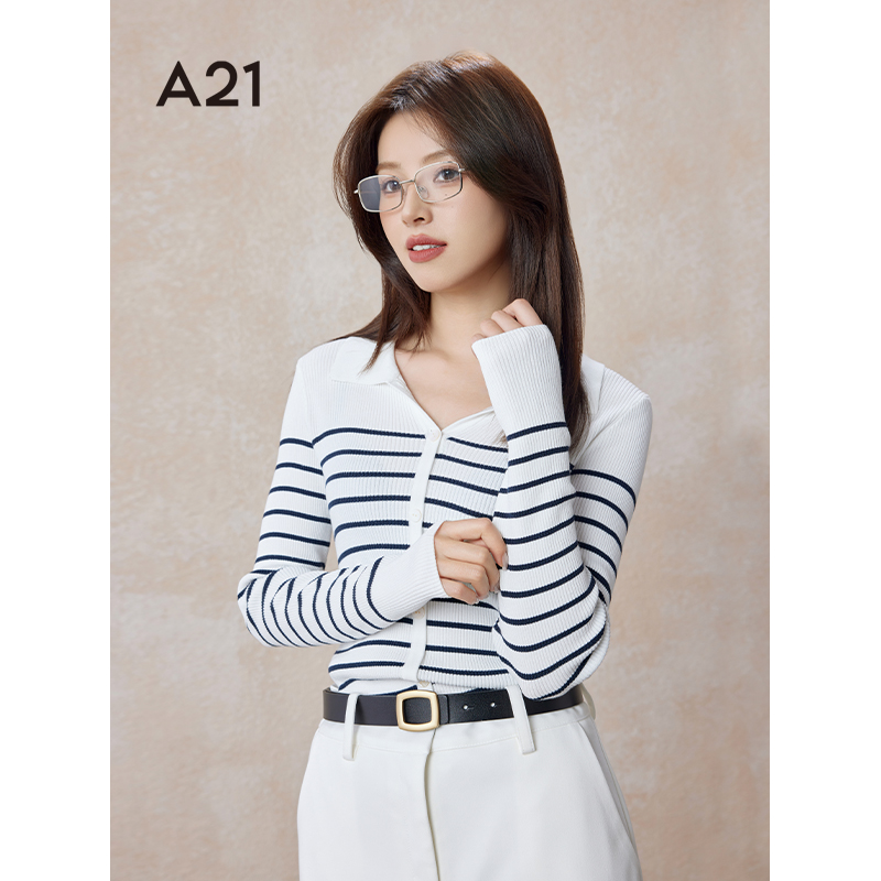 A21女装日系简约翻领毛衣女打底衫设计感条纹针织开衫F441243006