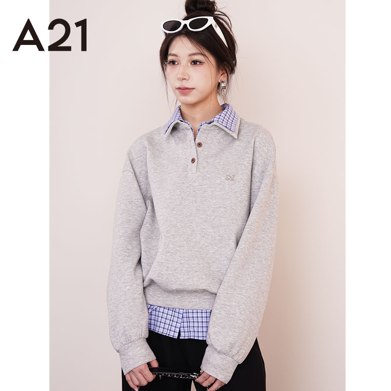 A21女装秋冬季假两件叠穿套头翻领卫衣单穿内搭都好看F444231001