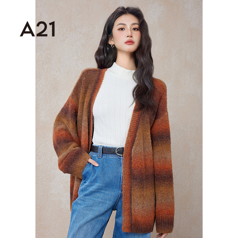 A21女装氛围感复古美拉德慵懒针织开衫V领宽松毛衣外套F441244012