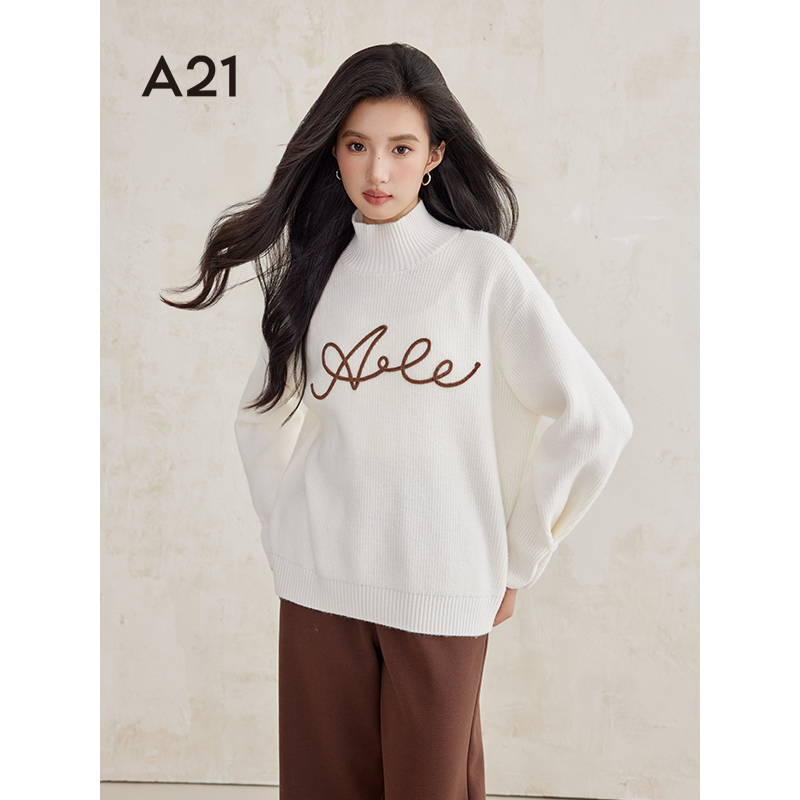 A21女装高领毛针织衫2024冬季韩版设计感字母上衣F444243013
