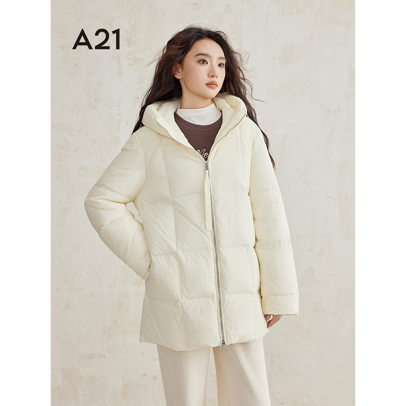 A21女装冬季梭织宽松连帽落肩开襟厚中长款时尚羽绒服 F444215010