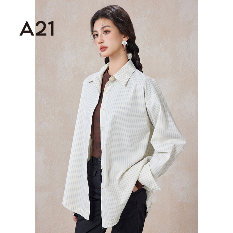 A21女装宽松翻领条纹长袖衬衫春秋季百搭慵懒风上衣F441210003