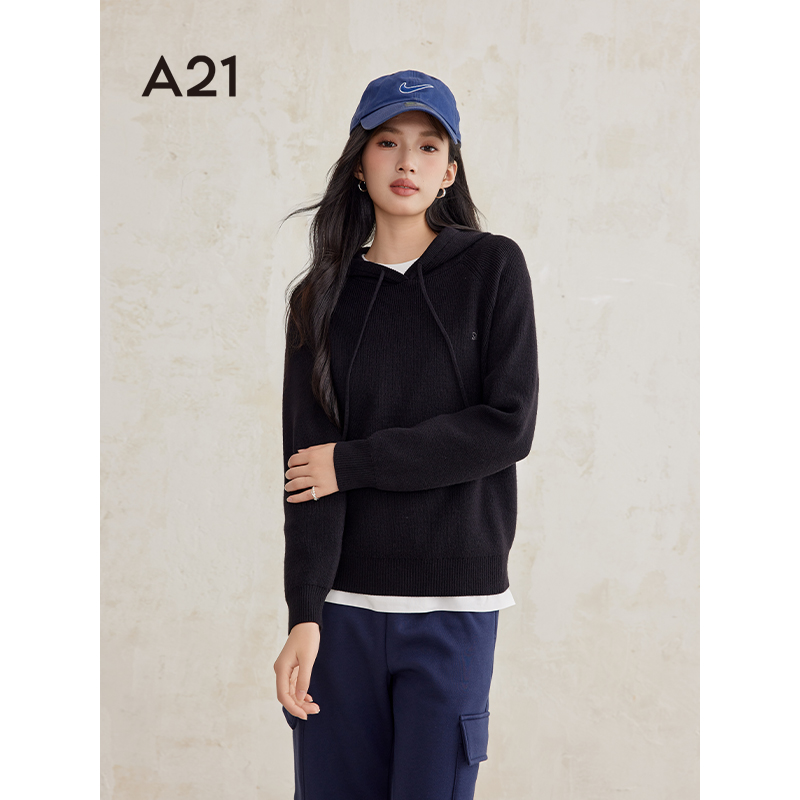 A21女装连帽毛针织衫2025秋冬新款设计感套头系带毛衣F444243016