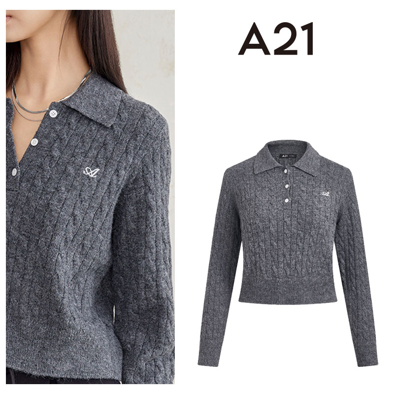 A21秋季女装宽松翻领落肩半开筒套头毛衫时尚灰色毛衣F443243021