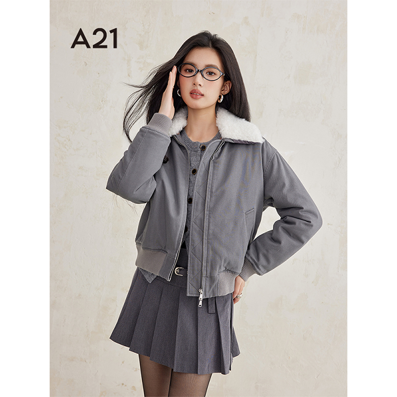 A21女装梭织合体翻领落肩开襟短棉服棉衣外套F444214011