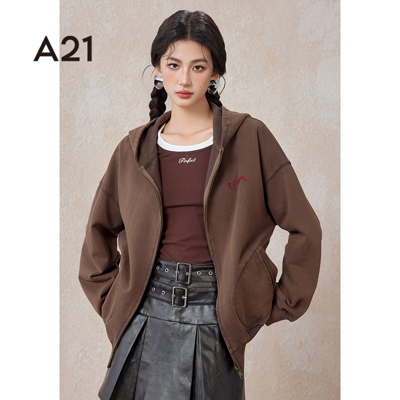 A21女装宽松连帽开衫卫衣春秋季百搭运动休闲简约外套F441234003