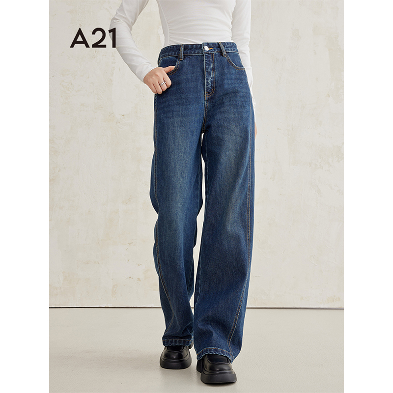 A21女装复古深蓝色牛仔裤2025初秋新款长裤宽松直筒裤F444226003