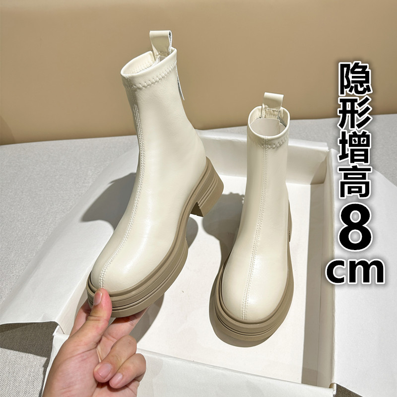 百丽纯爱真皮马丁靴女2023新款英伦圆头百搭厚底短筒靴子秋冬季白